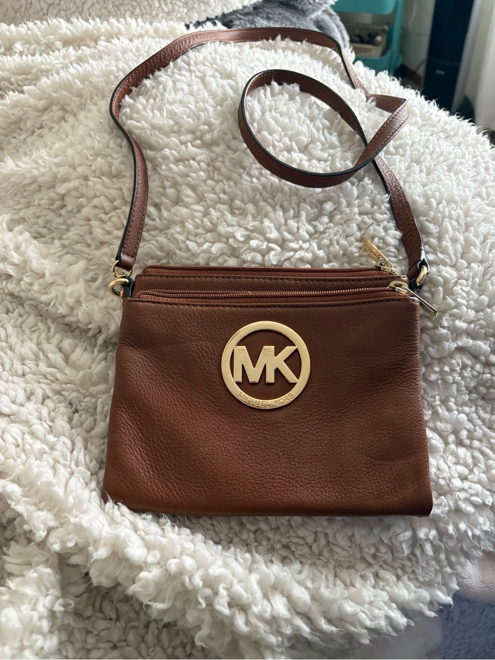 Michael Kors Brown Leather MK Logo Crossbody Bag with Gold Hardware